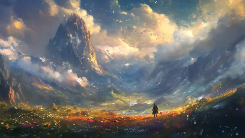 Lone wanderer crossing a glowing valley toward misty peaks.