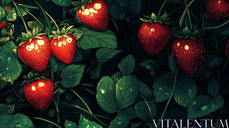 Ripened strawberries among dense foliage at night.