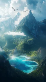 Sky-tall emerald peaks guarding a secret turquoise dream bay.