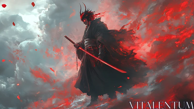 Storm‑crowned demon samurai walks a bleeding horizon sky.