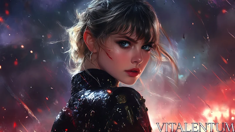 Cinematic warrior portrait in ember filled atmospheric chaos