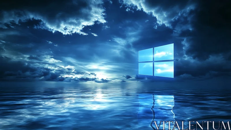 Windows logo glowing above surreal reflective ocean horizon.