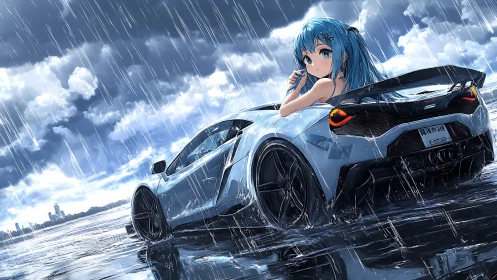 Blue haired girl with sports car in heavy coastal rain.