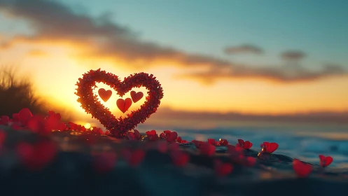 Luminescent Heart with Rose Petals at Sunset Shoreline.