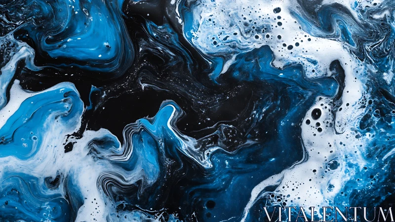 Blue and white fluid abstract pattern on black ground.
