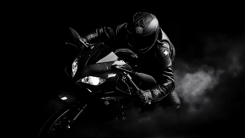 Low-key photorealistic superbike rider in dramatic motion study.