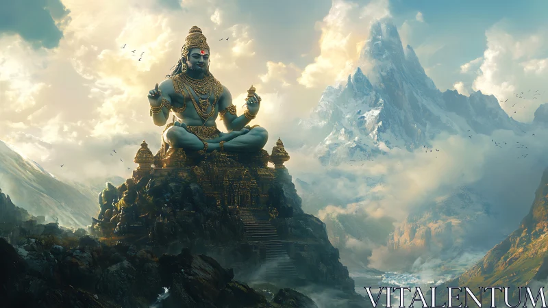 Mountain temple with giant meditative deity statue at peak.