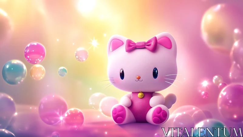 Pastel kitten toy amid iridescent floating bubbles dreamscape.
