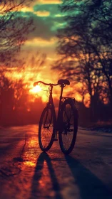 Bicycle silhouette against dramatic sunset with forest canopy.