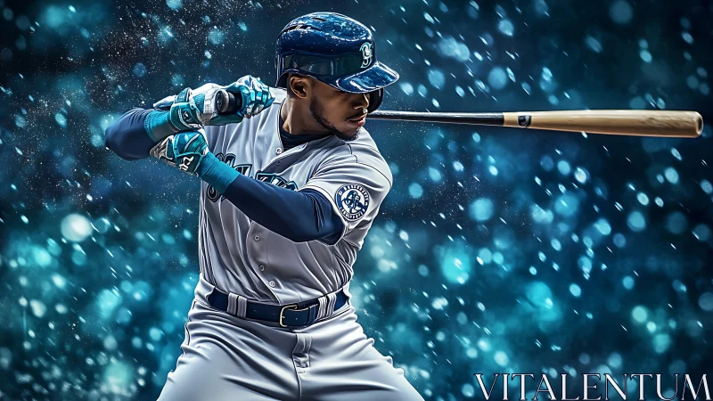 Baseball batter in mid-swing with stylized blue backdrop.