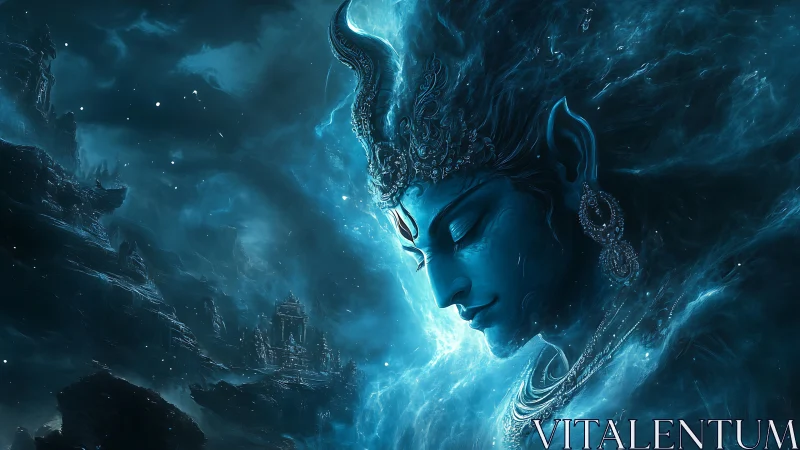 Celestial blue guardian resting within swirling cosmic seas.