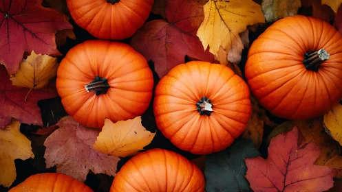 Cozy orange pumpkins resting on a bed of autumn leaves.