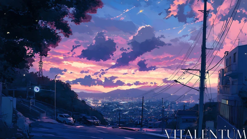 Twilight hillside roadway overlooks illuminated city grid under stratified clouds