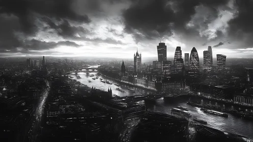 Monochrome aerial panorama studies dramatic London skyline light