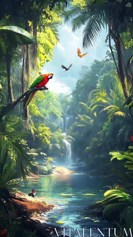 Tropical chorus of parrots over a mist-kissed jungle pool.