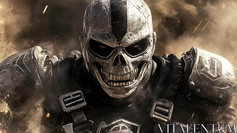 Armored skull warrior advances through burning battlefield.