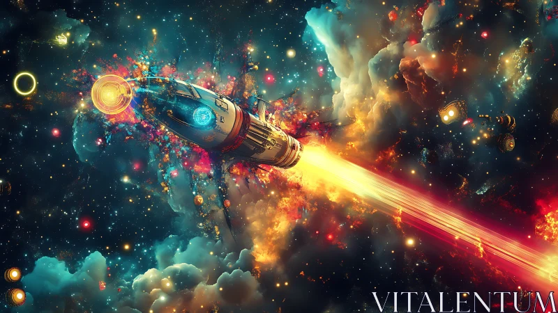 Rocket ride through neon stardust and glowing cosmic clouds.
