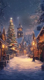 Snowy village Christmas street with glowing tree at dusk.