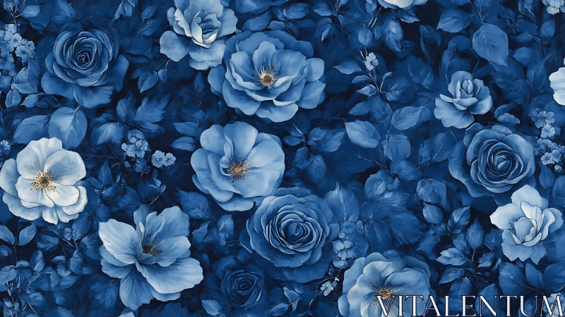 Blue floral arrangement with roses and delicate blooms densely layered.