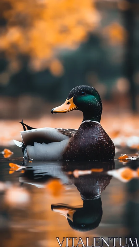 Mallard drake glides on autumn pond with soft reflection.