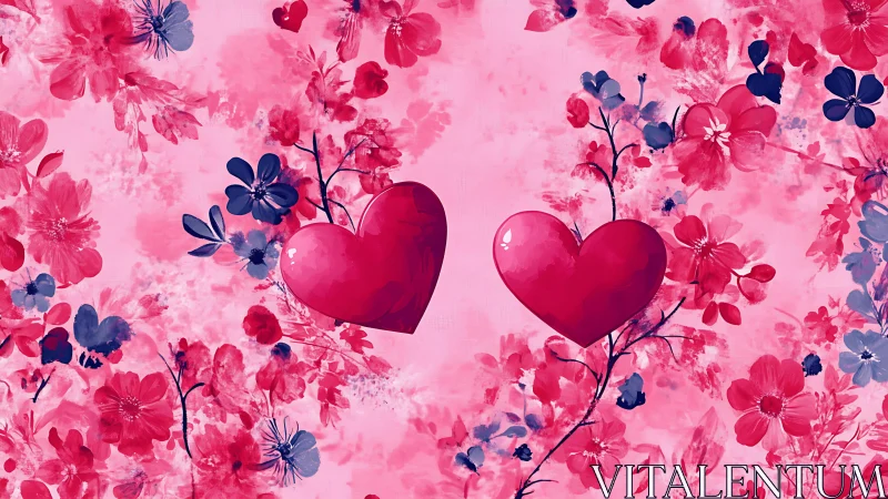 Two Shimmering Hearts Bloom Within Pink Floral Garden