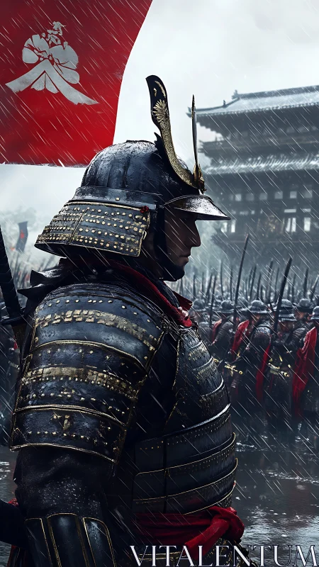 Stoic samurai commander in rain before assembled army.