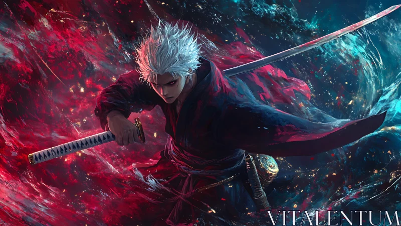 Silver haired swordsman slashing through red blue astral vortex