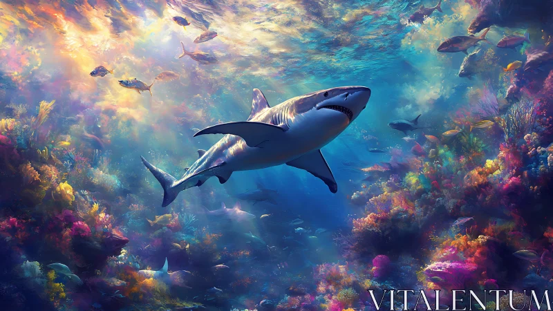 Shark swims through dense coral reef with surrounding fish