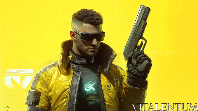 Augmented urban operative with kinetic sidearm in neon field.