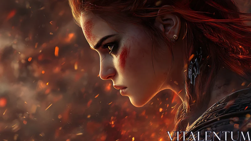 Battle-scarred warrior profile with ember-lit rim lighting and ash