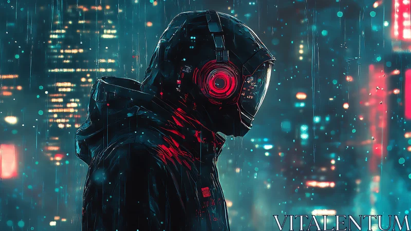 Cybernetic hooded figure walks through neon rain cityscape