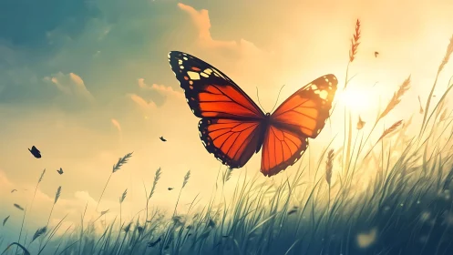 Vibrant Monarch Butterfly in Dreamy Sunrise Meadow Art.