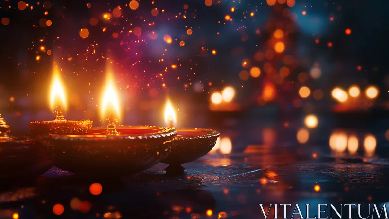 Photorealistic Diya Candle Row with Warm Bokeh Illumination.