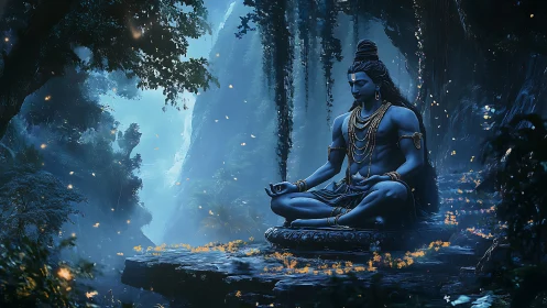 Mystical blue meditator rests calmly in a glowing forest sanctuary