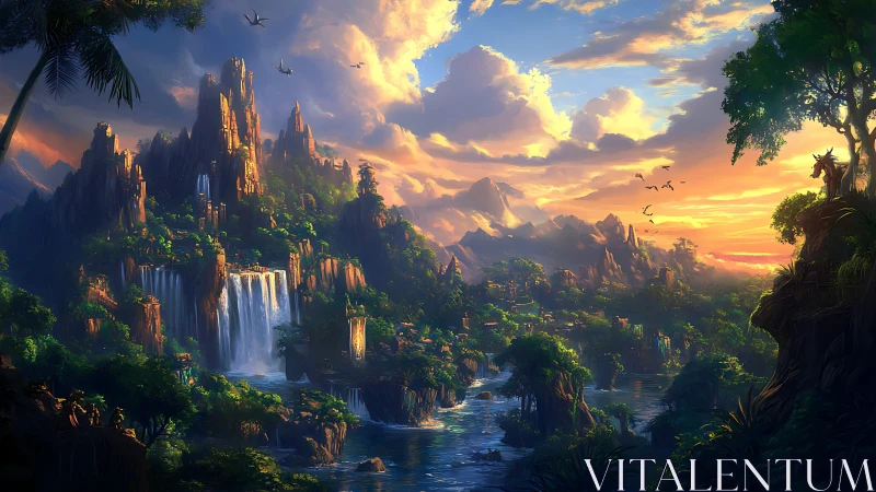 Luminous fantasy valley with cascading waterfalls at sunset.