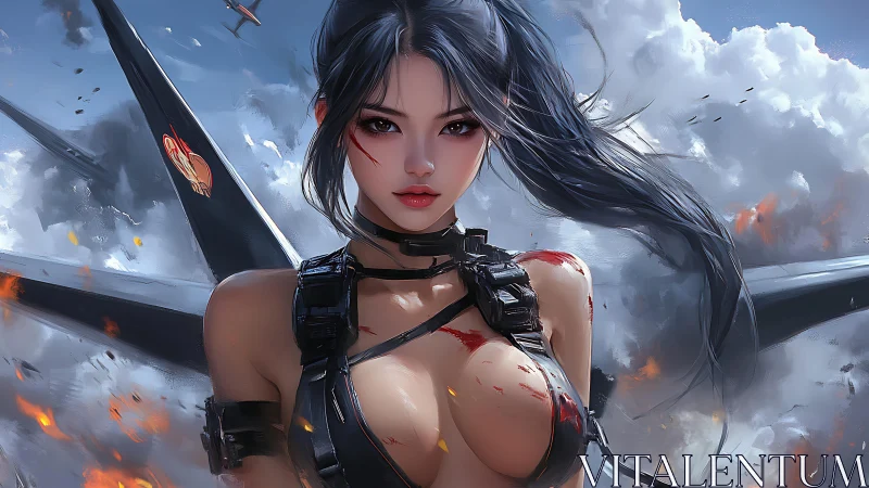 Battle worn pilot stands before burning aircraft wreckage