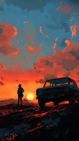 Sunset wanderer beside off-road truck in painterly silhouette.