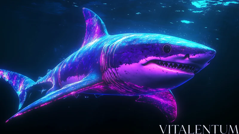 Neon blue and magenta shark glides through dark ocean