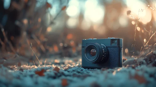 Vintage rangefinder camera in shallow-depth forest ground bokeh