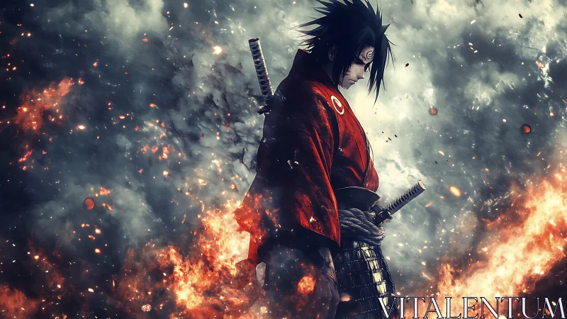 Samurai figure stands amid smoke, embers and directional fire