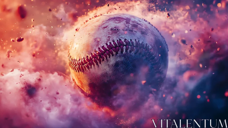 Exploding weathered baseball in vivid cosmic dust field.