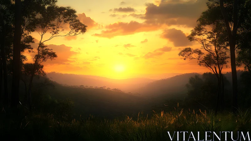 Golden forest sunrise over misty valley horizon.
