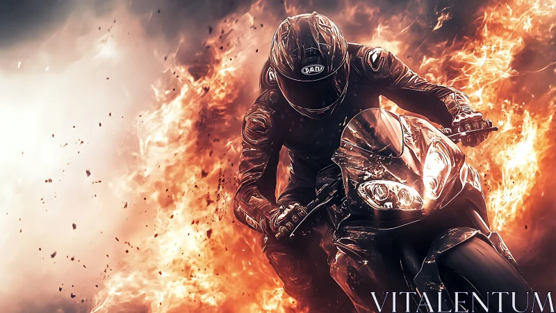 Fearless night rider cutting through waves of roaring fire.