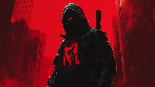 Hooded urban vigilante stalks a neon red city horizon.