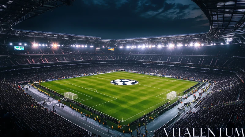 Floodlit football stadium packed for major night match.