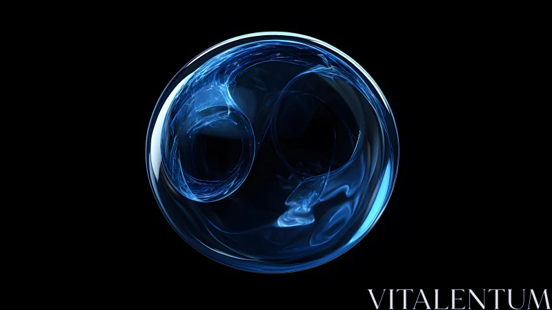 Abstract blue glass sphere with fluid light effects on black background.