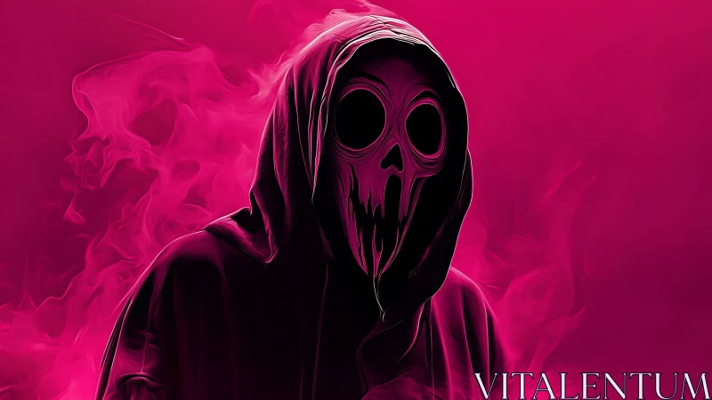Neon hooded reaper silhouette in swirling magenta smoke.