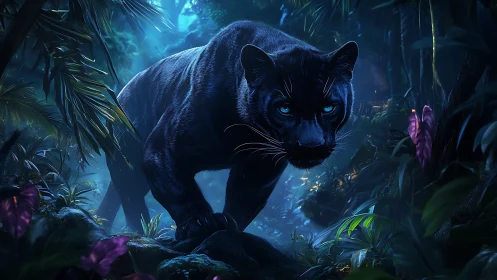 Black Panther in Luminous Jungle. Digital Art.