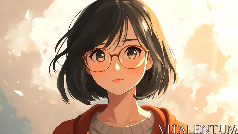 Soft-sunlit girl in amber glasses pausing between daydreams.