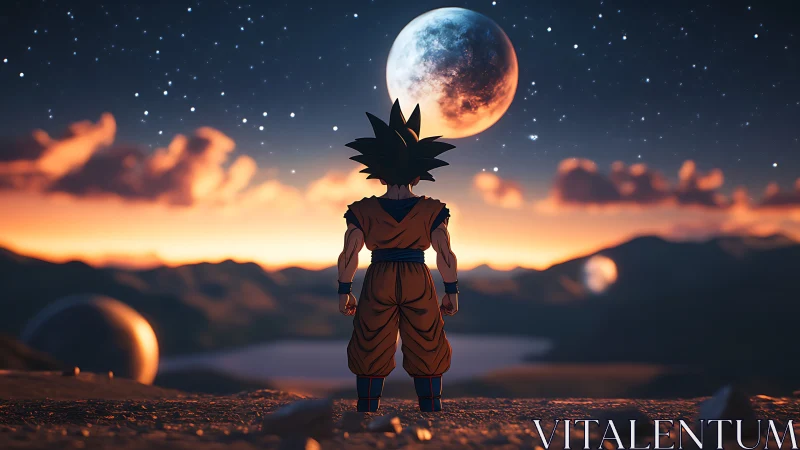 Solitary anime warrior on alien plateau at dusk under moon.